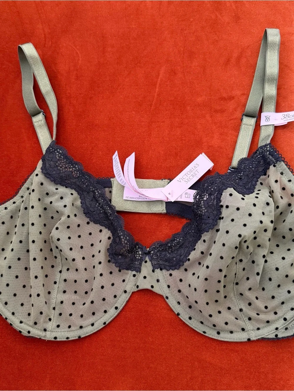 Victoria Tease NWT Unlined Woodland Green Polka Dot Demi Bra 38DD